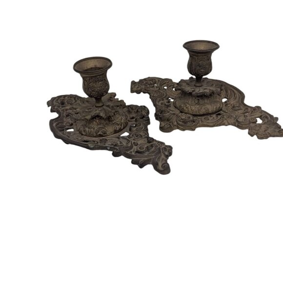 Vintage Ornate Art Nouveau candle holders brass 10" x 6 set of 2 - Picture 2 of 8